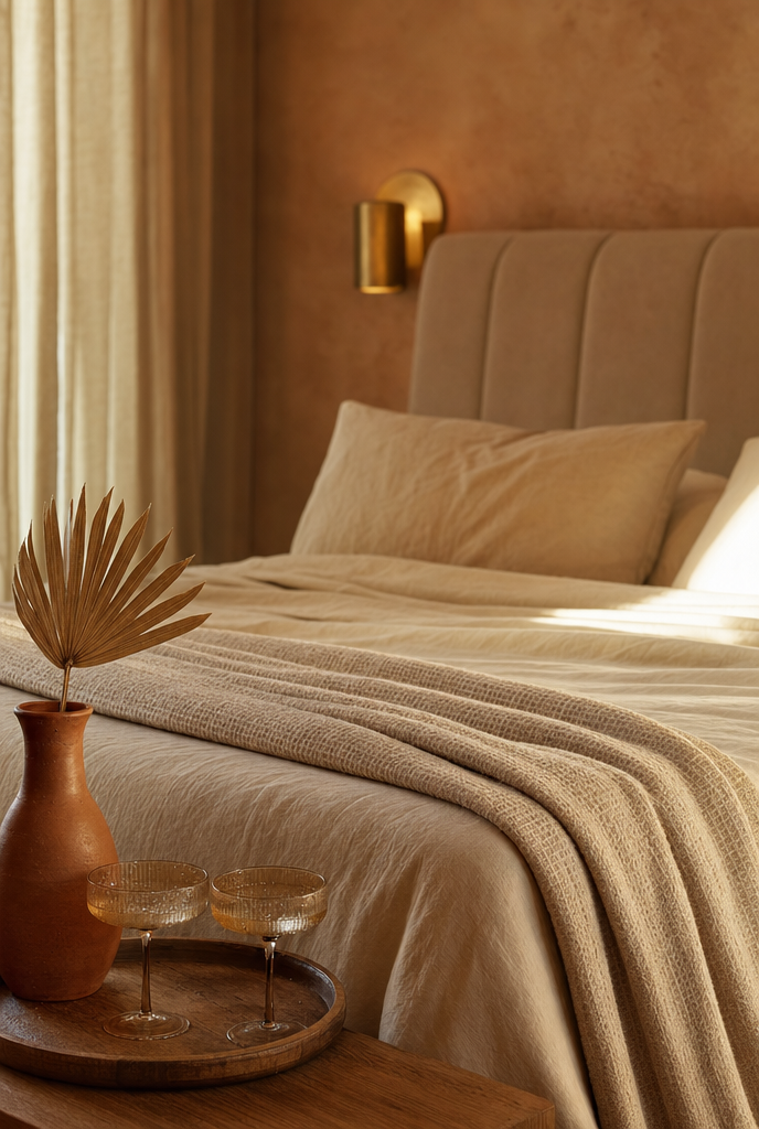 Warm bedroom interior photography for a hospitality brand