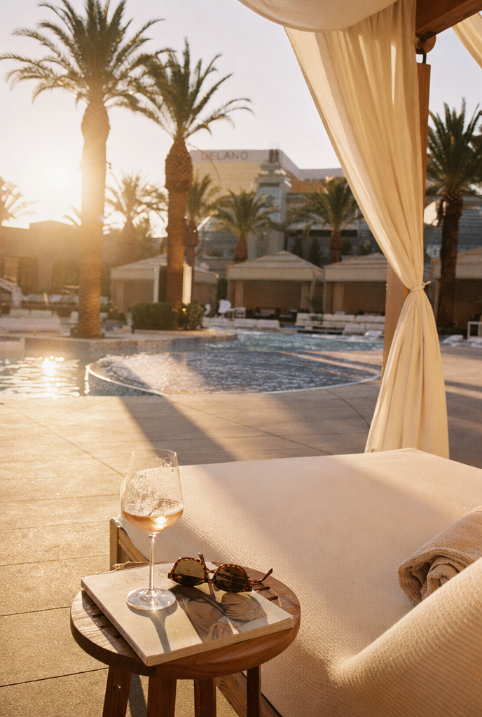 Golden hour pool cabana scene at a resort