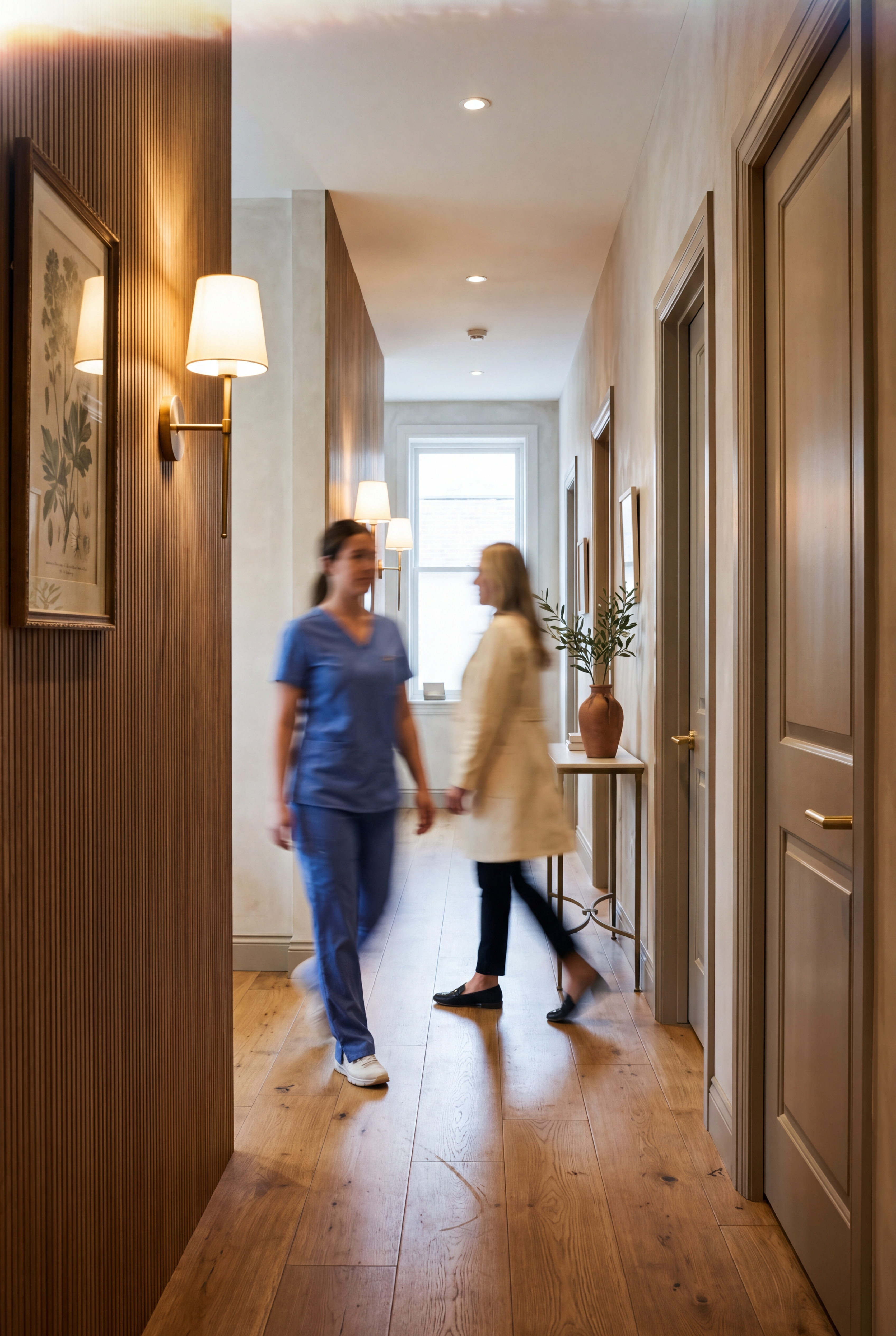 Medical practice hallway with staff in motion
